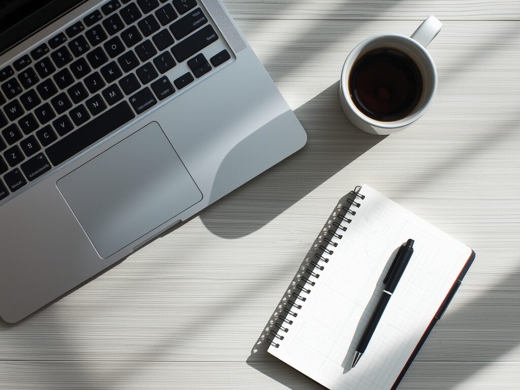 lucid origin top view of a minimalist workspace with a laptop a cup of coffee a notebook a pe 0